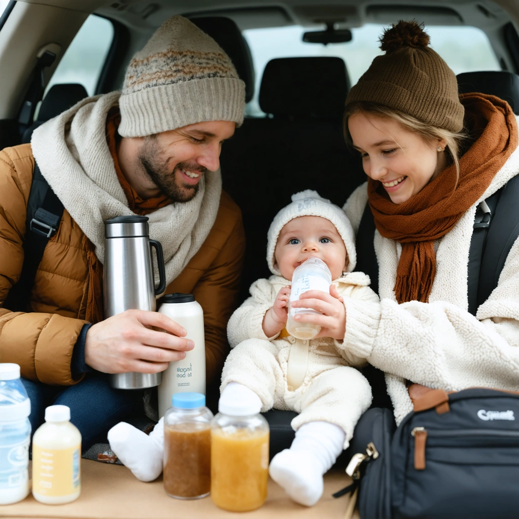 Une famille en voyage donne à manger à leur bébé : un parent prépare un biberon avec un thermos et de la poudre de lait, pendant que l'autre allaite avec une écharpe. On voit aussi des objets de voyage comme un coussin et des biberons propres.
