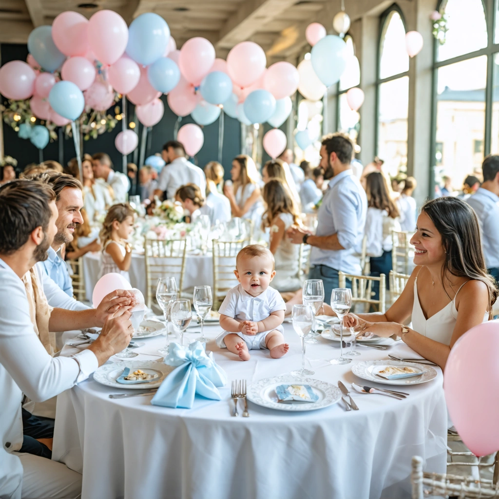 Grande table de famille décorée pour un baptême dans un restaurant convivial, avec des ballons, des enfants qui rient et un bébé vêtu de blanc celebré par les parents.