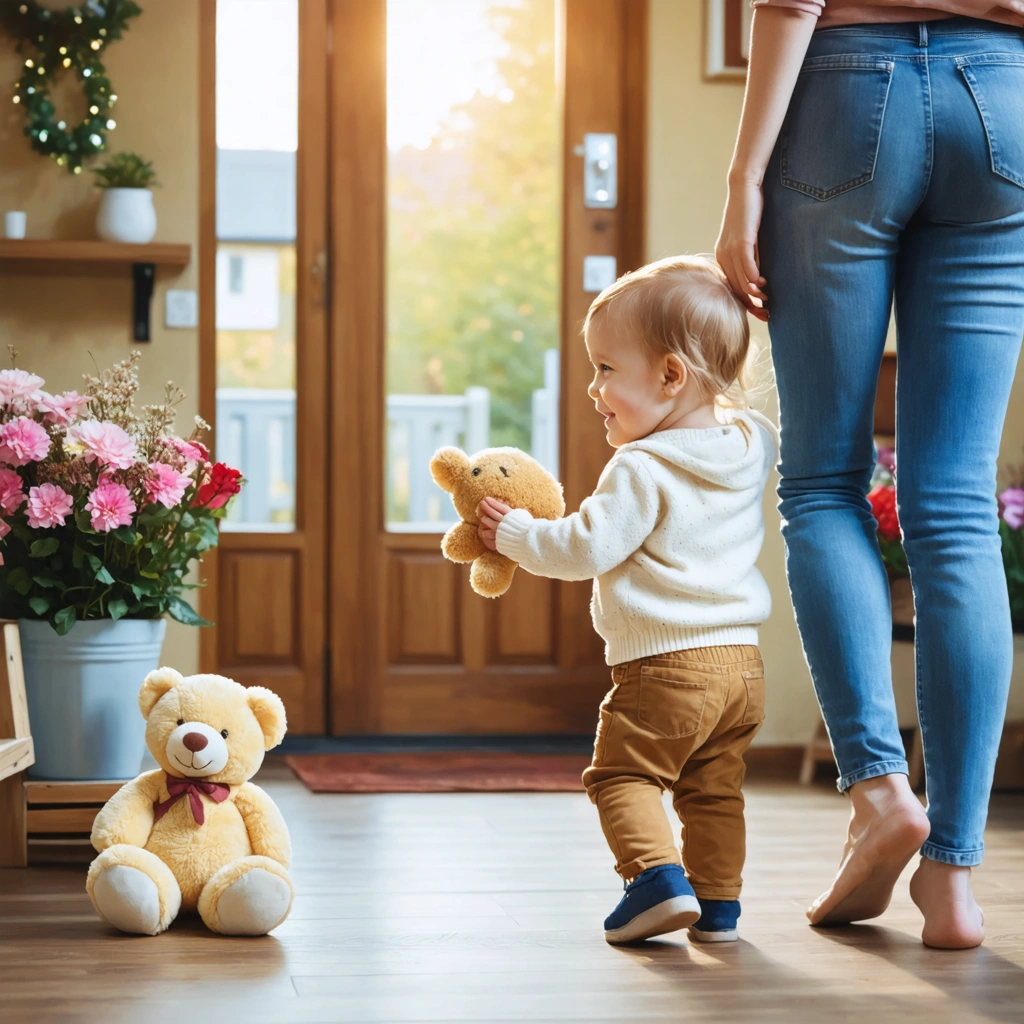 Un jeune enfant agrippé à la jambe de son parent devant l’entrée de l’école, tenant un doudou, avec l’enseignante souriante qui attend près de la porte, dans une ambiance rassurante du matin.