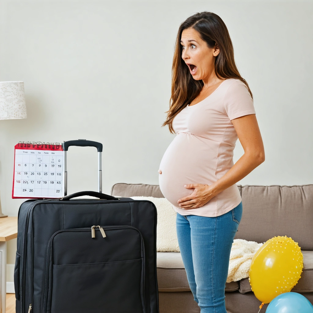 Une femme enceinte de 34 semaines, surprise par des contractions, à côté d'une valise de maternité à moitié prête dans un intérieur chaleureux.